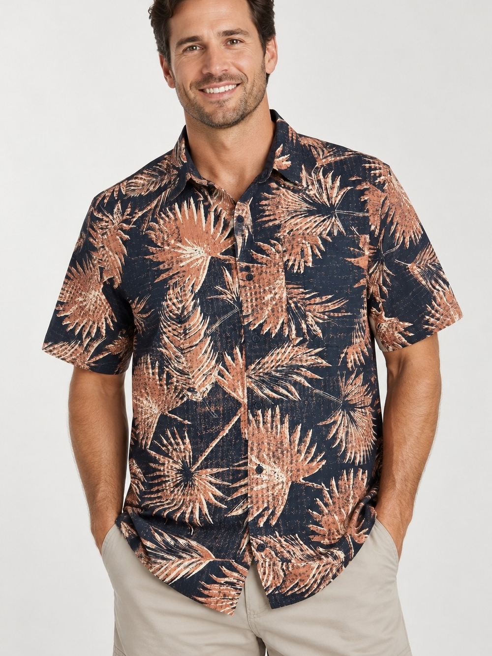 Under Armour Dockside Men XL Tropical Palm Leaf Button Up Shirt Navy Orange 1376